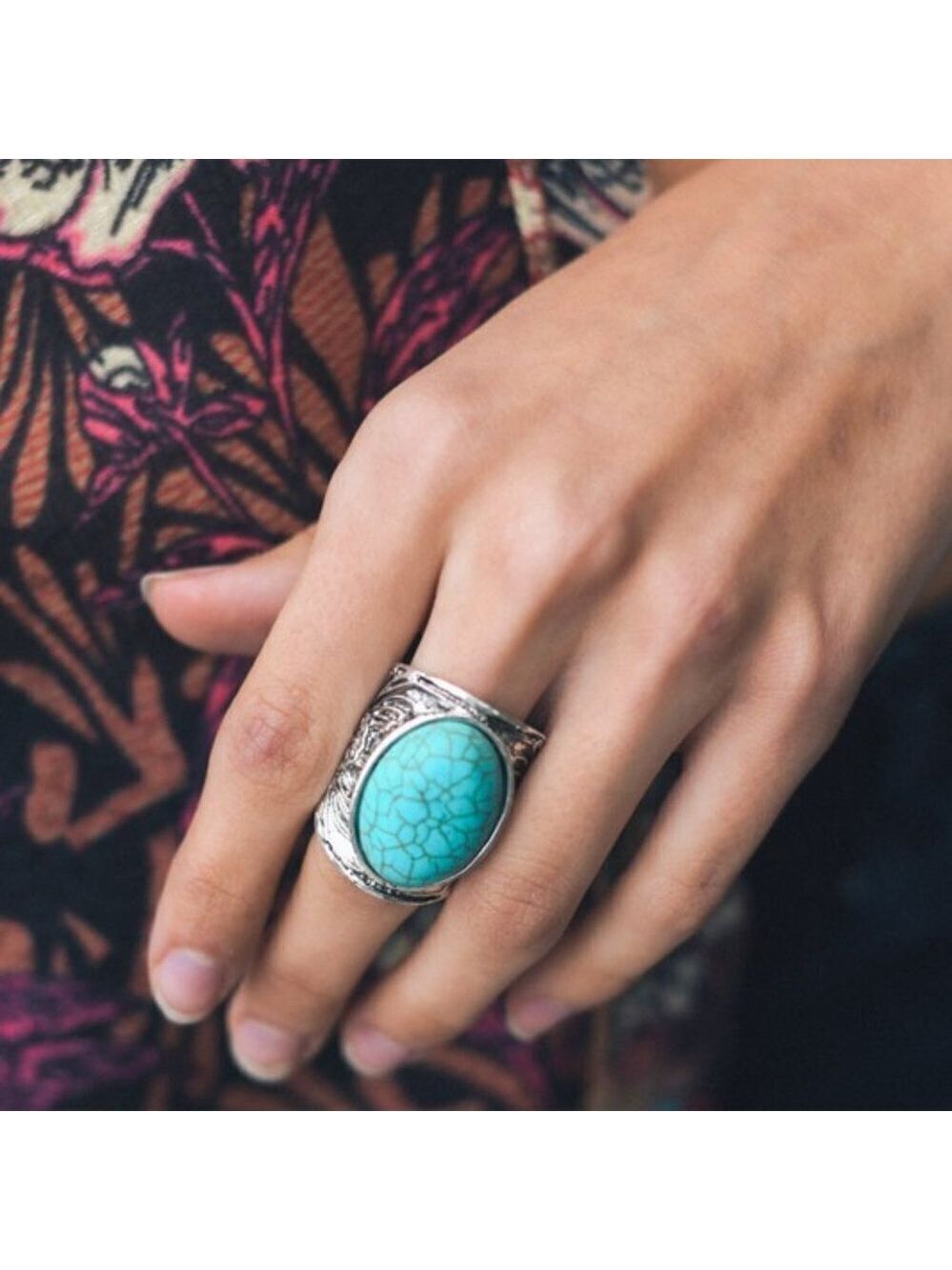 Trïbe Boho Round Turquoise Stone Silver Colored Adjustable Ring
